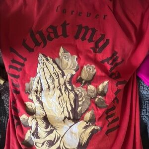 Red Graphic Tee with Praying Hands Design